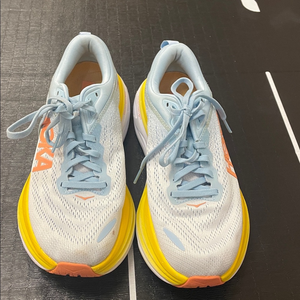 Hoka Bondi 8 One Light Blue and Yellow Sneakers size 9